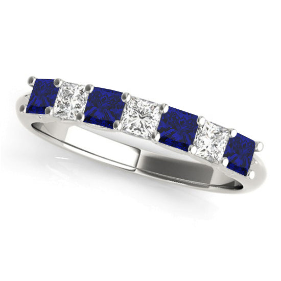 Princess cut Diamond & Blue Sapphire Bridal Set 18k White Gold 1.30ct