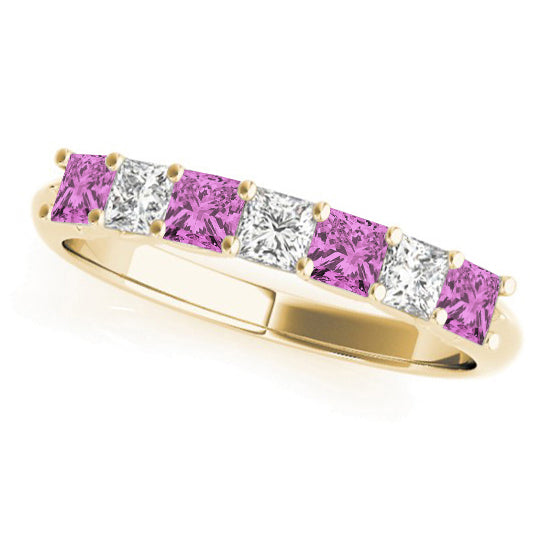 Princess cut Diamond & Pink Sapphire Bridal Set 14k Yellow Gold 1.30ct