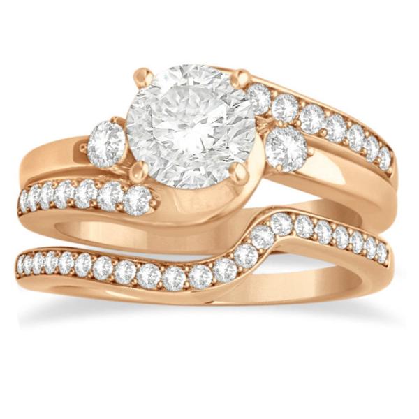 Diamond Swirl Engagement Ring & Band Bridal Set 14k Rose Gold 0.58ct