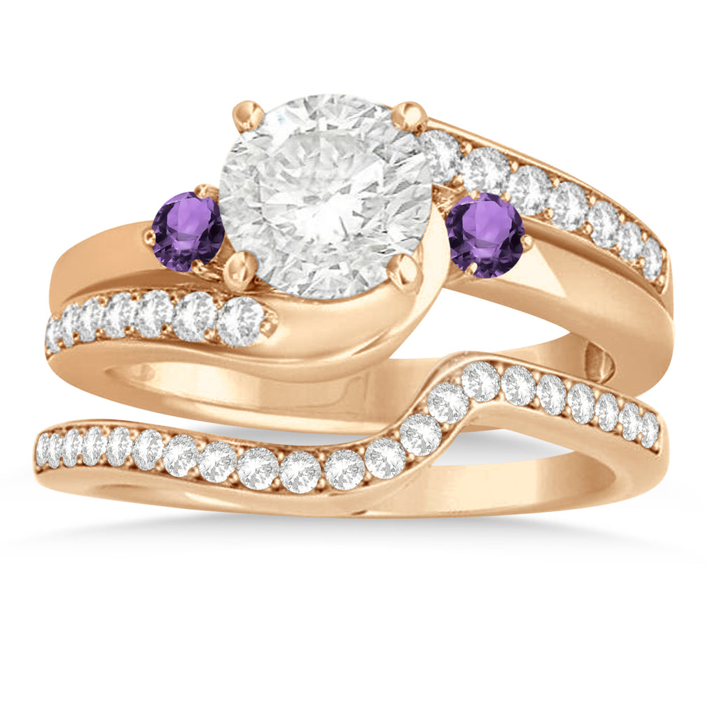 Amethyst & Diamond Swirl Engagement Ring & Band Bridal Set 18k Rose Gold 0.58ct