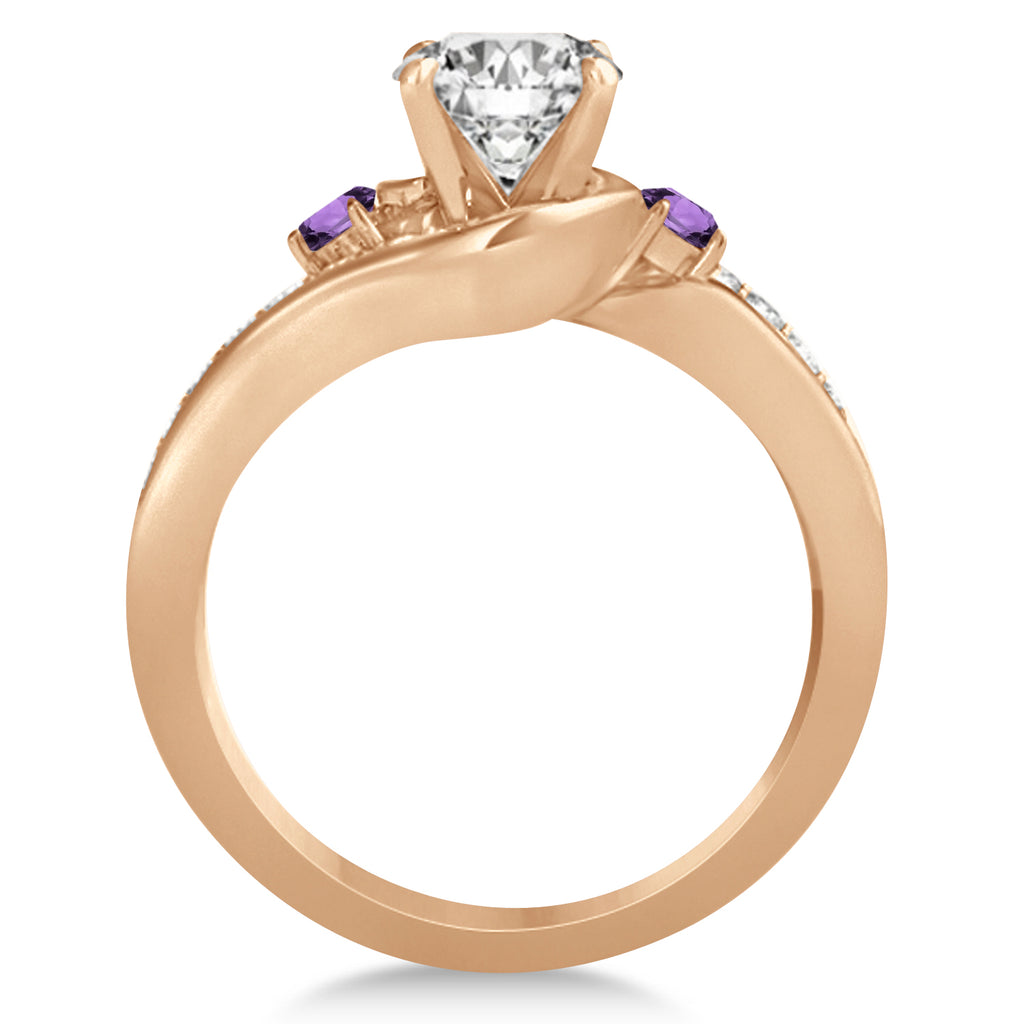 Amethyst & Diamond Swirl Engagement Ring & Band Bridal Set 18k Rose Gold 0.58ct