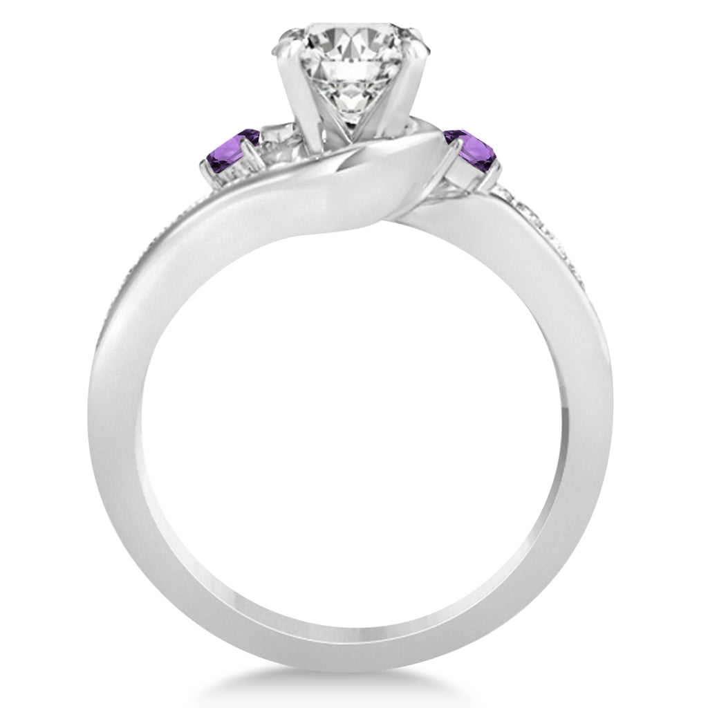 Amethyst & Diamond Swirl Engagement Ring & Band Bridal Set Platinum 0.58ct