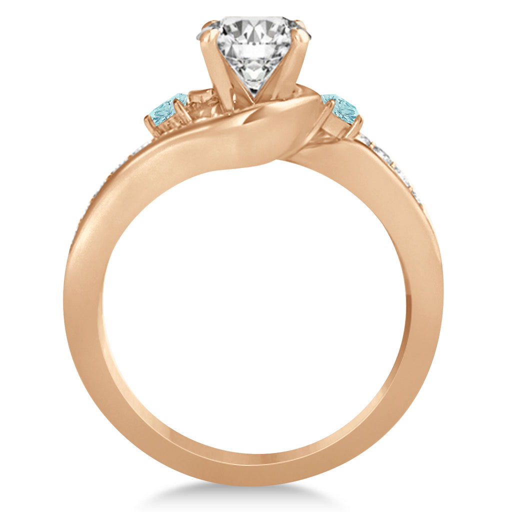 Aquamarine & Diamond Swirl Engagement Ring & Band Bridal Set 14k Rose Gold 0.58ct