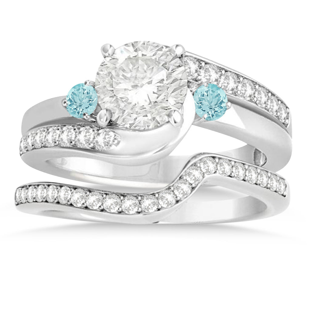 Aquamarine & Diamond Swirl Engagement Ring & Band Bridal Set 18k White Gold 0.58ct