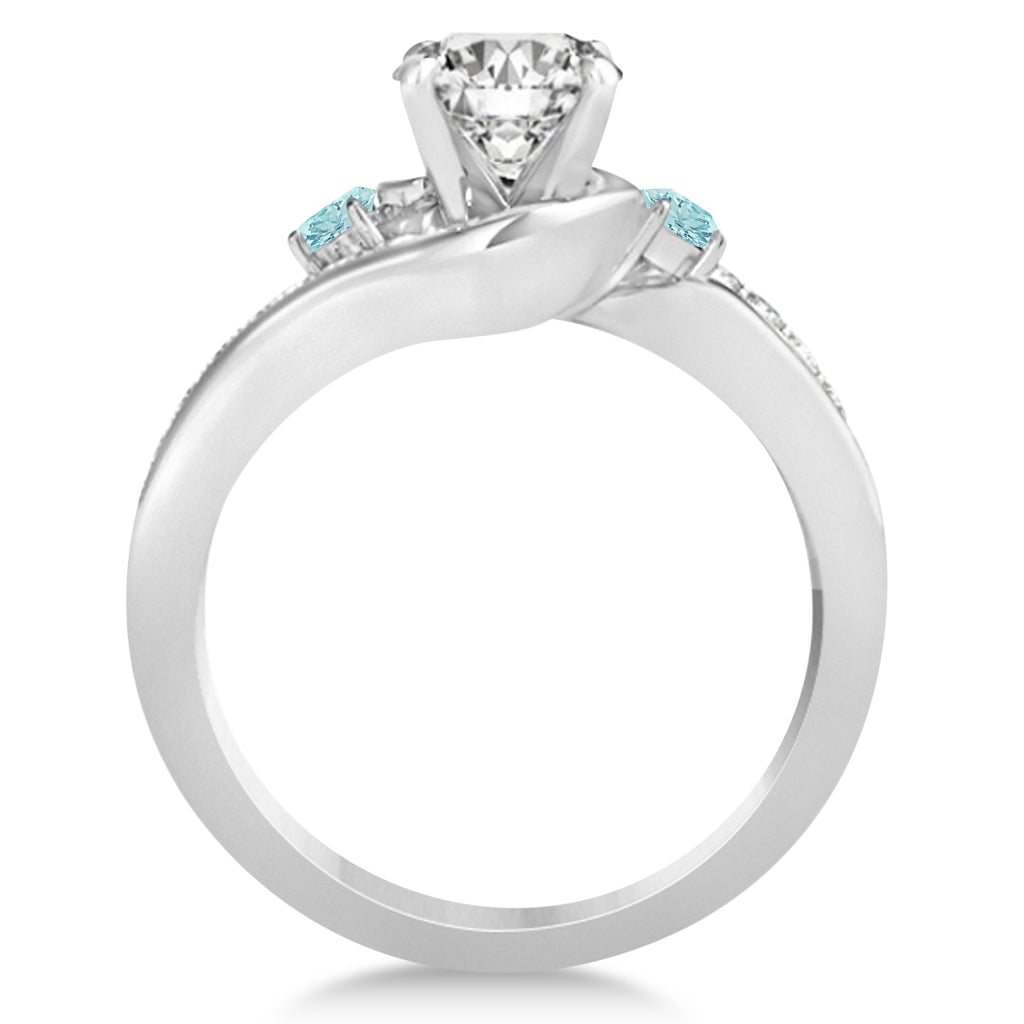 Aquamarine & Diamond Swirl Engagement Ring & Band Bridal Set 18k White Gold 0.58ct