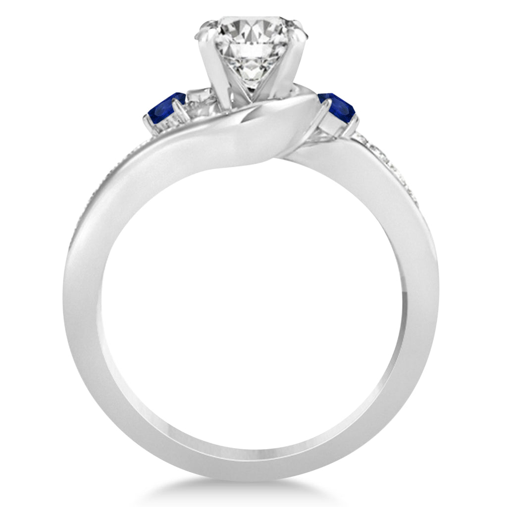 Blue Sapphire & Diamond Swirl Engagement Ring & Band Bridal Set 14k White Gold 0.58ct