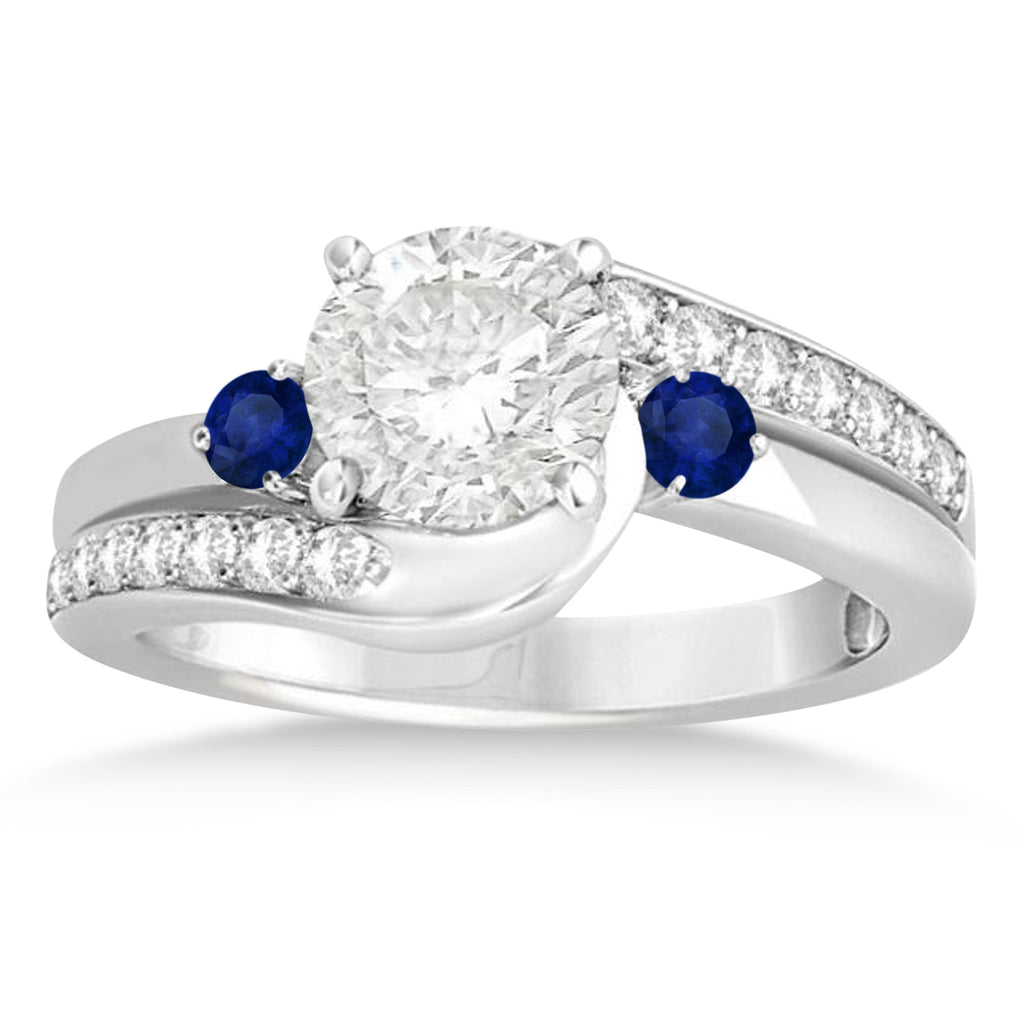 Blue Sapphire & Diamond Swirl Engagement Ring & Band Bridal Set 18k White Gold 0.58ct