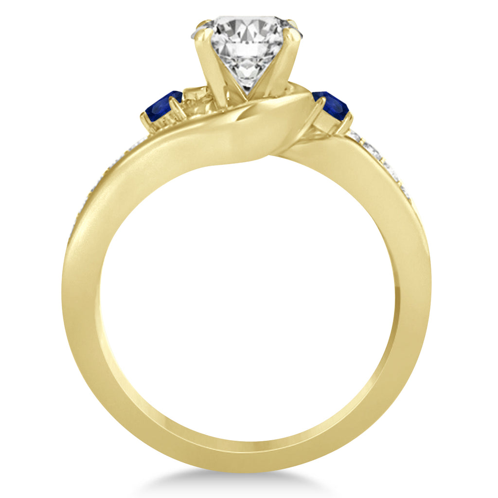 Blue Sapphire & Diamond Swirl Engagement Ring & Band Bridal Set 18k Yellow Gold 0.58ct