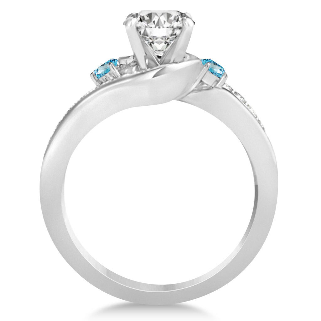 Blue Topaz & Diamond Swirl Engagement Ring & Band Bridal Set 14k White Gold 0.58ct