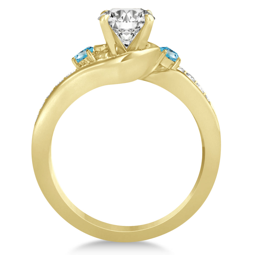 Blue Topaz & Diamond Swirl Engagement Ring & Band Bridal Set 14k Yellow Gold 0.58ct