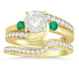 Emerald & Diamond Swirl Engagement Ring & Band Bridal Set 18k Yellow Gold 0.58ct