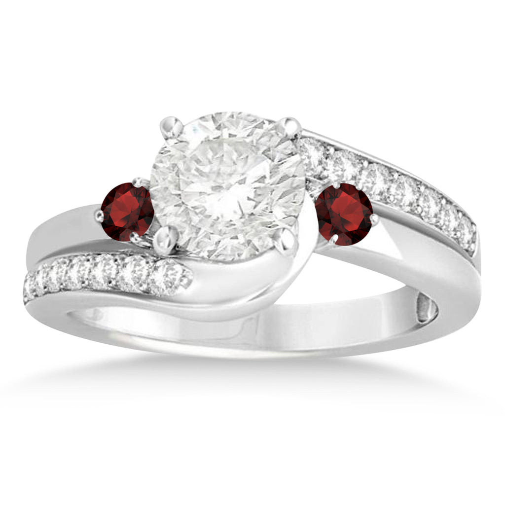 Garnet & Diamond Swirl Engagement Ring & Band Bridal Set 14k White Gold 0.58ct