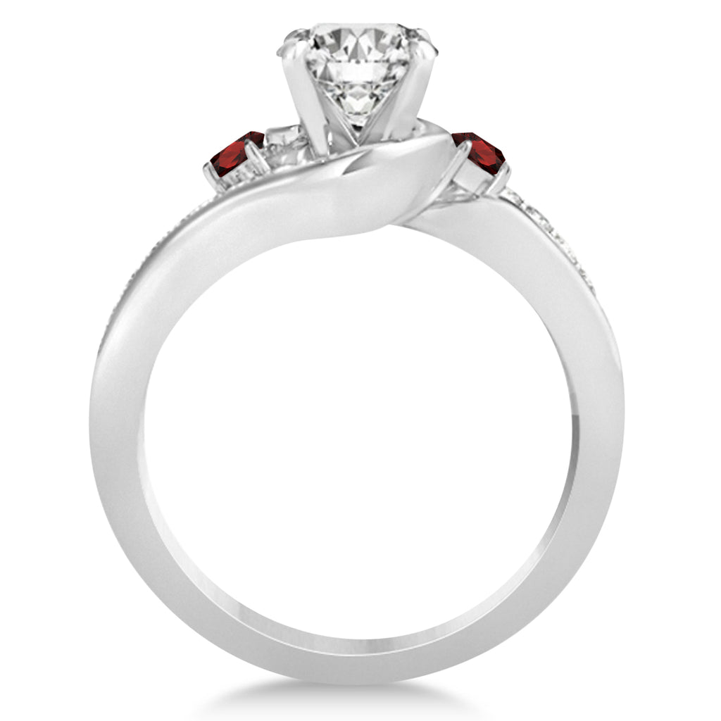 Garnet & Diamond Swirl Engagement Ring & Band Bridal Set 14k White Gold 0.58ct