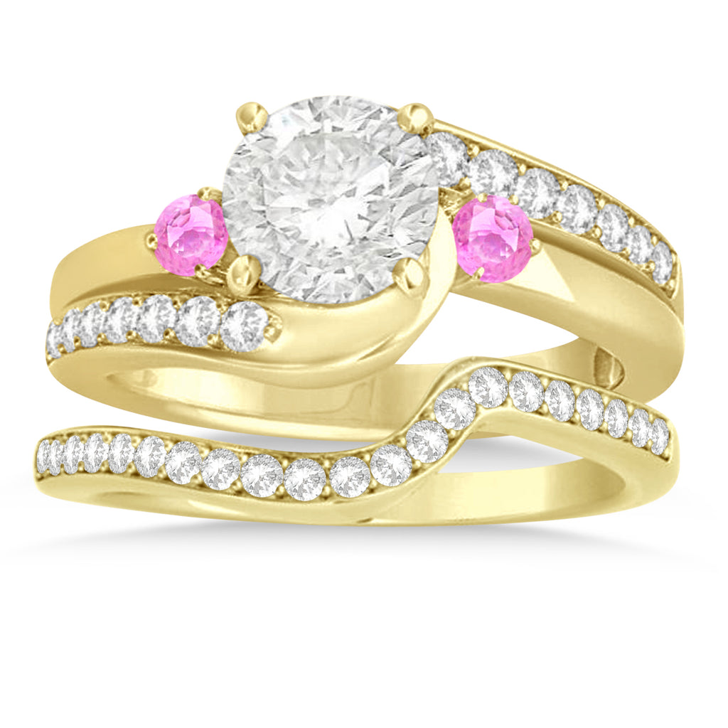 Pink Sapphire & Diamond Swirl Engagement Ring & Band Bridal Set 14k Yellow Gold 0.58ct