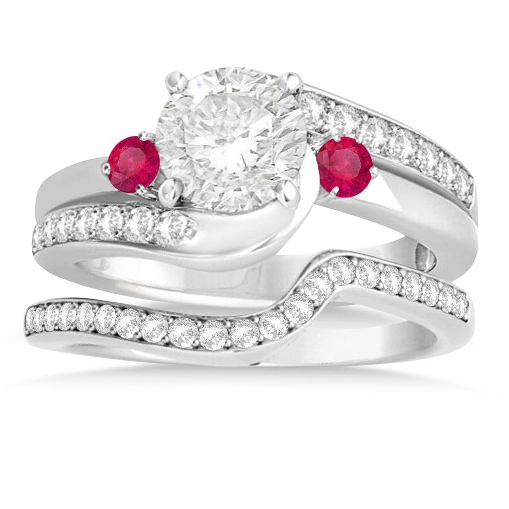 Ruby & Diamond Swirl Engagement Ring & Band Bridal Set 18k White Gold 0.58ct