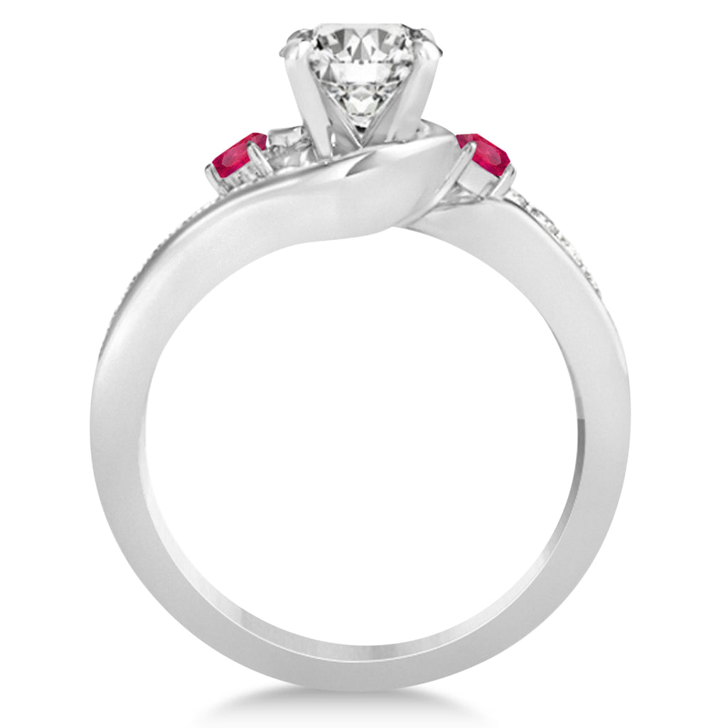 Ruby & Diamond Swirl Engagement Ring & Band Bridal Set 18k White Gold 0.58ct
