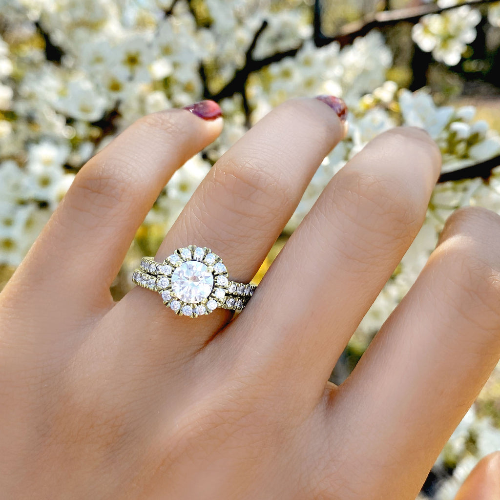 French Pave Halo Lab Diamond Bridal Ring Set 14k Yellow Gold (1.20ct)