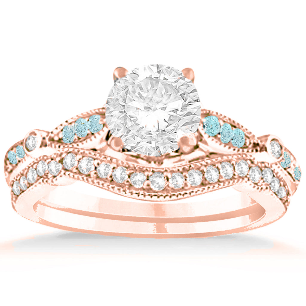 Marquise & Dot Aquamarine Vintage Bridal Set in 14k Rose Gold (0.29ct)
