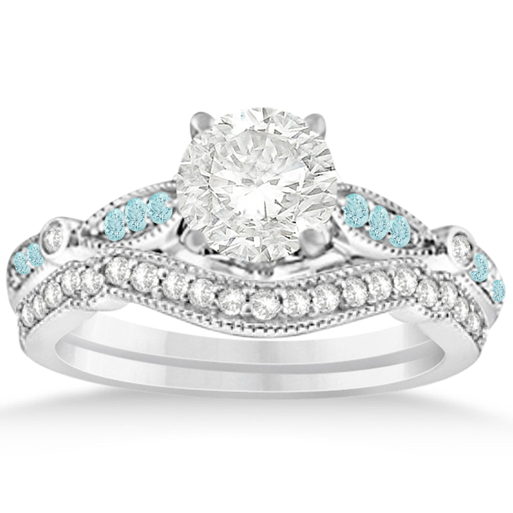 Marquise & Dot Aquamarine Vintage Bridal Set in 14k White Gold (0.29ct)