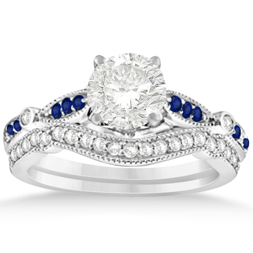 Marquise & Dot Blue Sapphire Vintage Bridal Set in 14k White Gold (0.29ct)
