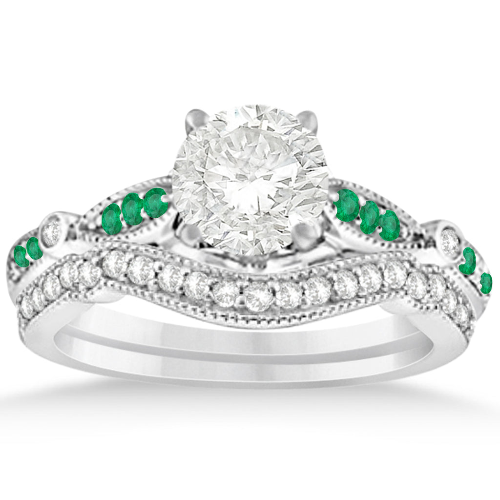 Marquise & Dot Emerald Vintage Bridal Set in 14k White Gold (0.29ct)