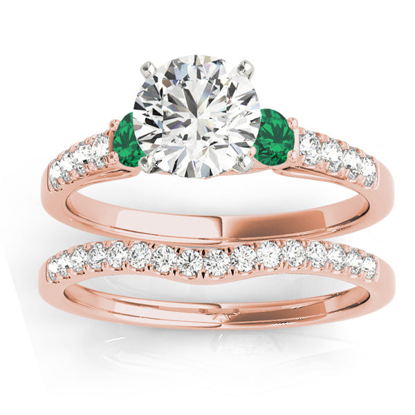 Diamond & Emerald Three Stone Bridal Set Ring 18k Rose Gold (0.55ct)