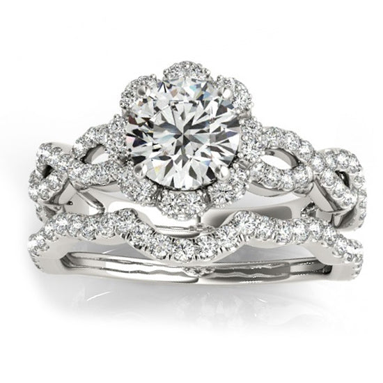 Halo Diamond Engagement & Wedding Rings Bridal Set 14k W. Gold 0.83ct