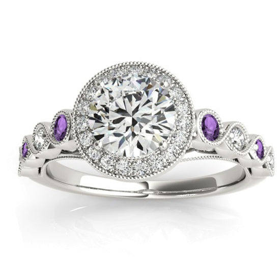 Amethyst & Diamond Halo Engagement Ring 18K White Gold (0.36ct)