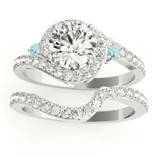 Halo Swirl Aquamarine & Diamond Bridal Set Palladium (0.77ct)
