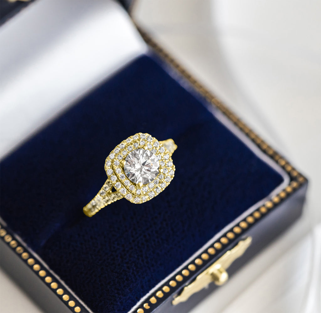 Square Double Halo Diamond Bridal  Set 18k Yellow Gold (0.87ct)