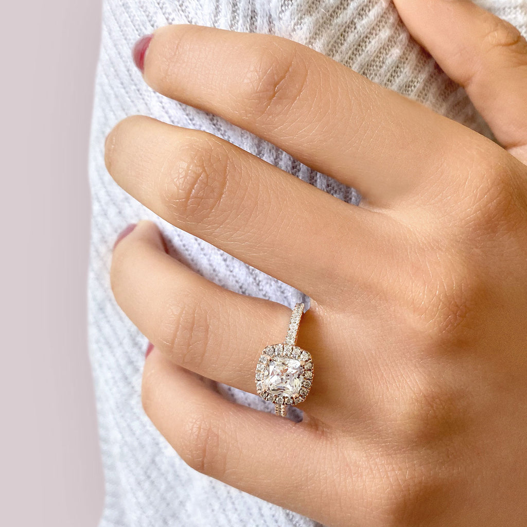 Cushion Diamond Halo Engagement Ring French Pave 14k R. Gold 0.70ct