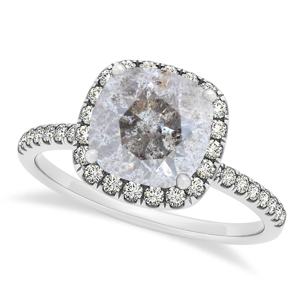 Cushion Salt & Pepper Diamond Halo Engagement Ring French Pave 18k W. Gold 0.70ct