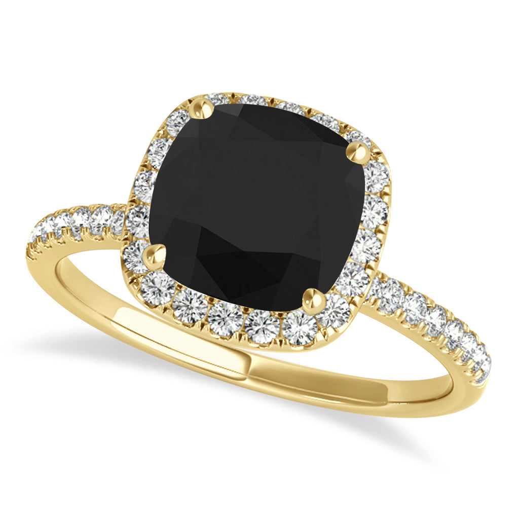 Cushion Black Diamond & Diamond Halo Engagement Ring French Pave 14k Y. Gold 1.58ct