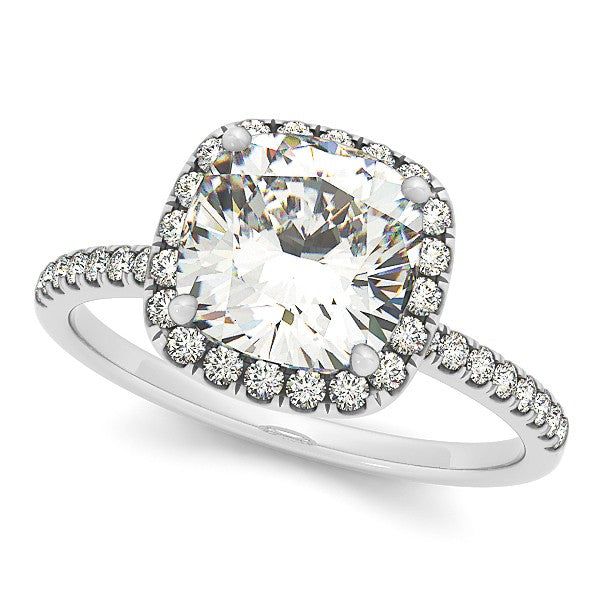 Cushion Moissanite & Diamond Halo Engagement Ring French Pave 18k W. Gold 1.58ct