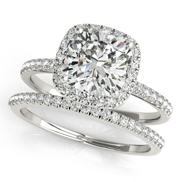 Cushion Lab Diamond Halo Bridal Set French Pave 18k White Gold 2.14ct