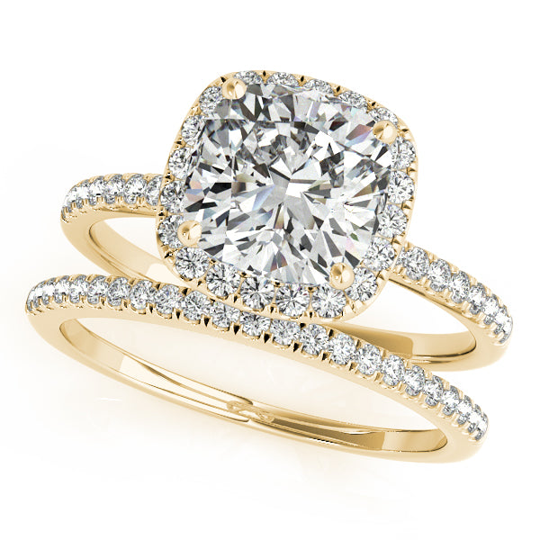 Cushion Lab Diamond Halo Bridal Set French Pave 18k Yellow Gold 2.14ct