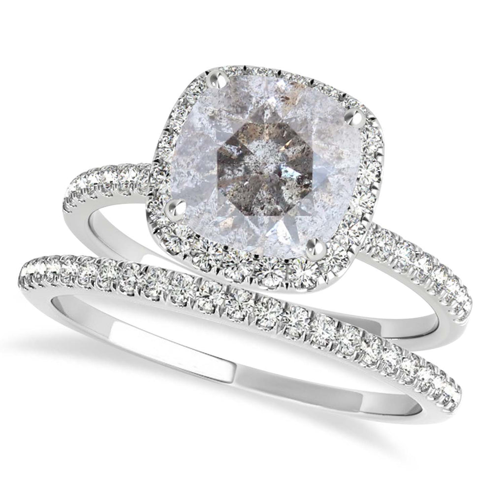 Cushion Salt & Pepper Diamond Halo Bridal Set French Pave 18k White Gold 2.14ct