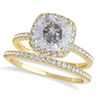 Cushion Salt & Pepper Diamond Halo Bridal Set French Pave 18k Yellow Gold 2.14ct