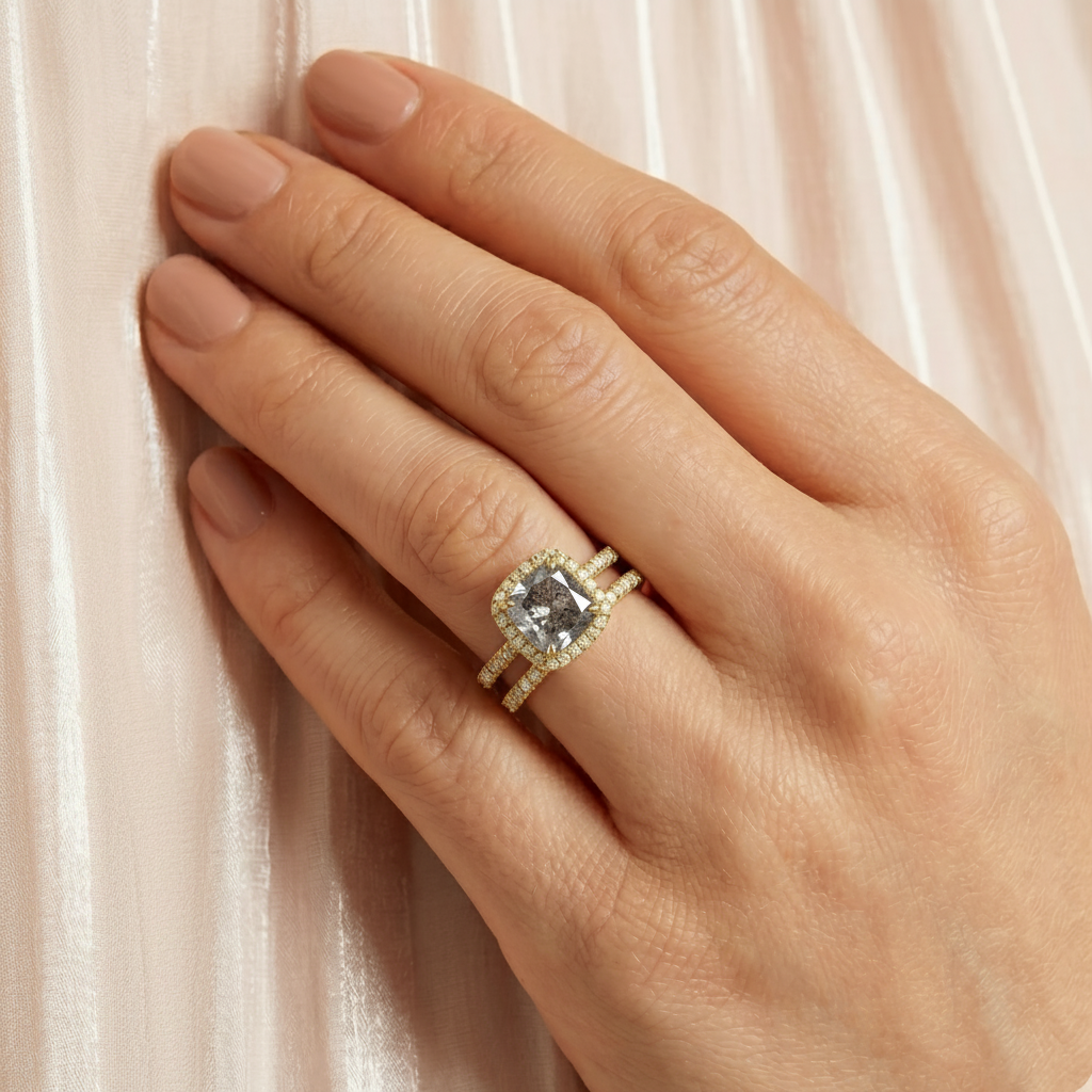 Cushion Salt & Pepper Diamond Halo Bridal Set French Pave 18k Yellow Gold 2.14ct