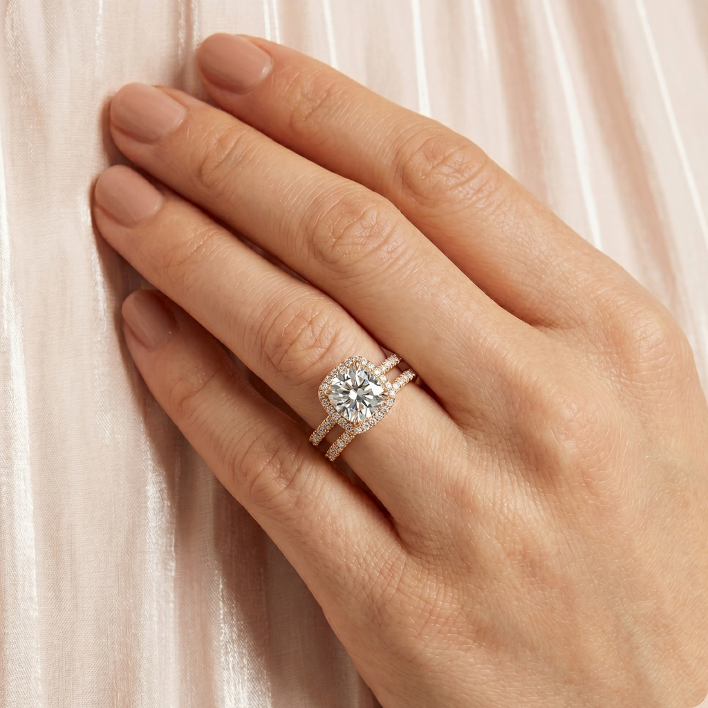 Cushion Lab Diamond Halo Bridal Set French Pave 14k Rose Gold 0.84ct