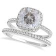 Cushion Salt & Pepper Diamond Halo Bridal Set French Pave 14k White Gold 0.84ct