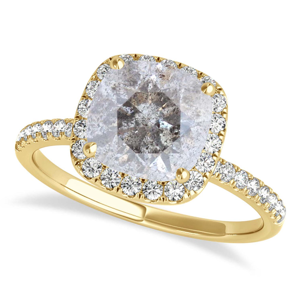 Cushion Salt & Pepper Diamond Halo Bridal Set French Pave 14k Yellow Gold 0.84ct