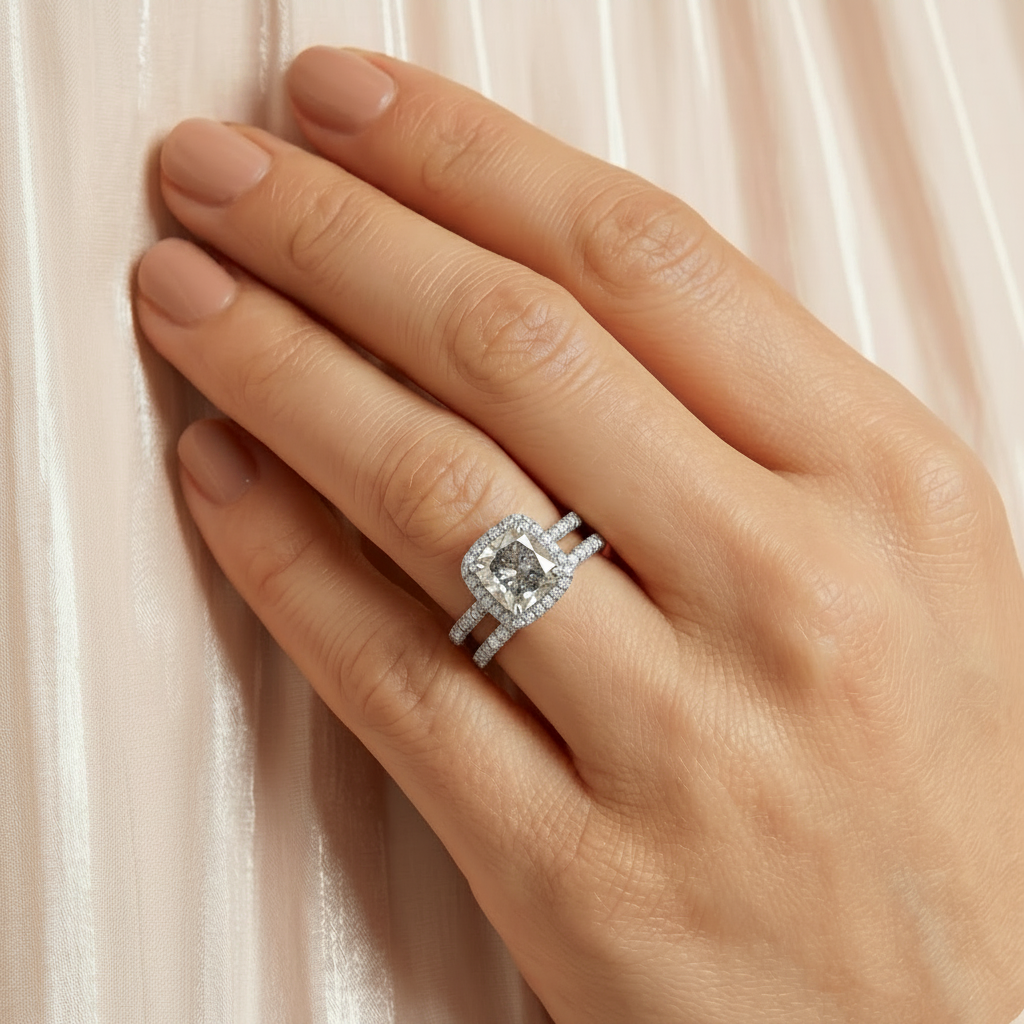 Cushion Salt & Pepper Diamond Halo Bridal Set French Pave 14k White Gold 1.72ct