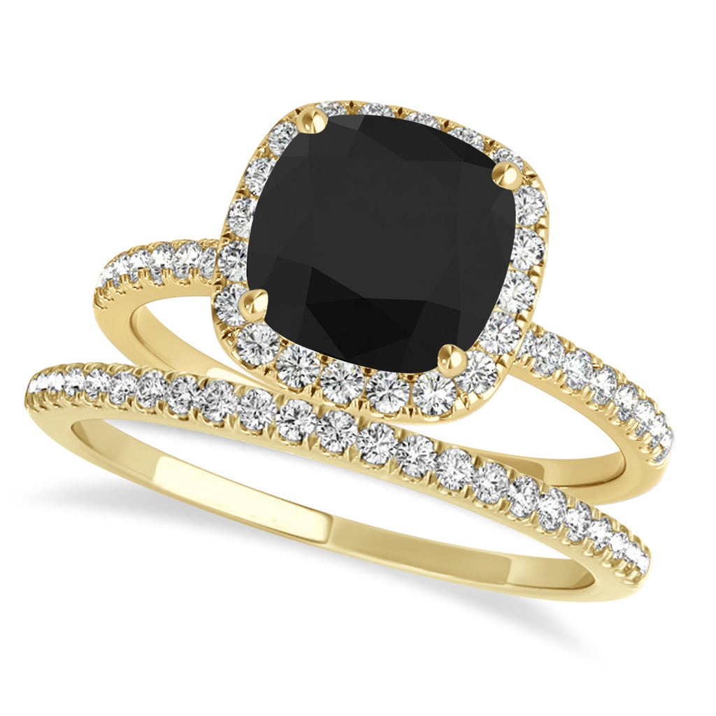 Cushion Black Diamond Halo Bridal Set French Pave 14k Yellow Gold 0.84ct