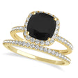 Cushion Black Diamond Halo Bridal Set French Pave 14k Yellow Gold 0.84ct