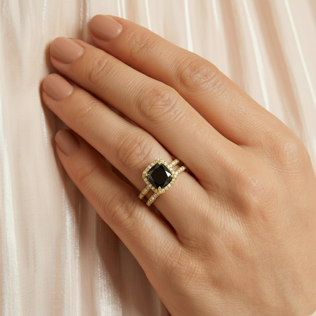 Cushion Black Diamond Halo Bridal Set French Pave 18k Yellow Gold 0.84ct