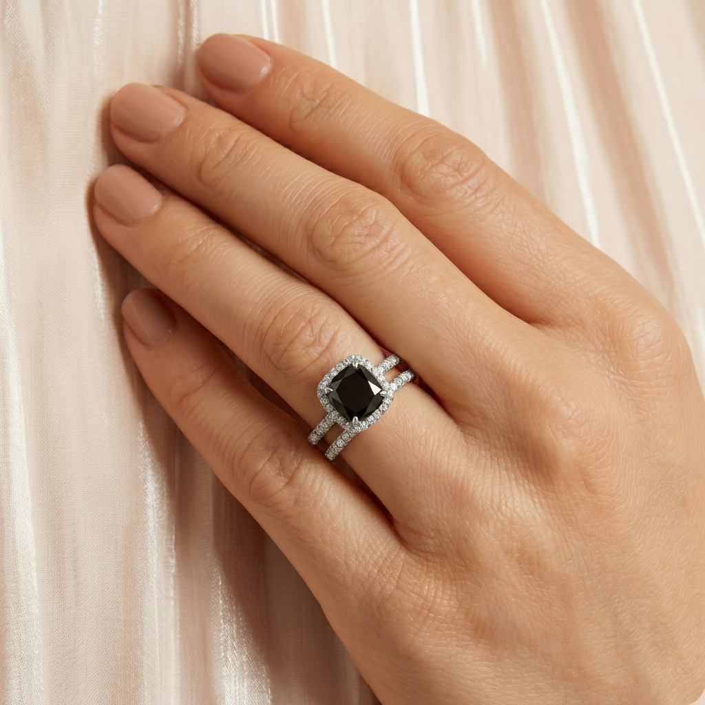 Cushion Black Diamond & Diamond Halo Bridal Set French Pave 14k White Gold 1.72ct