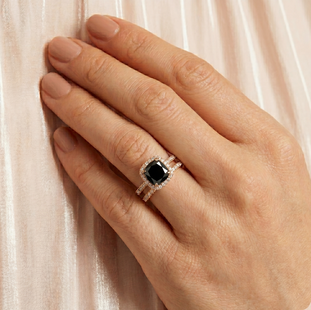 Cushion Black Diamond & Diamond Halo Bridal Set French Pave 18k Rose Gold 1.72ct