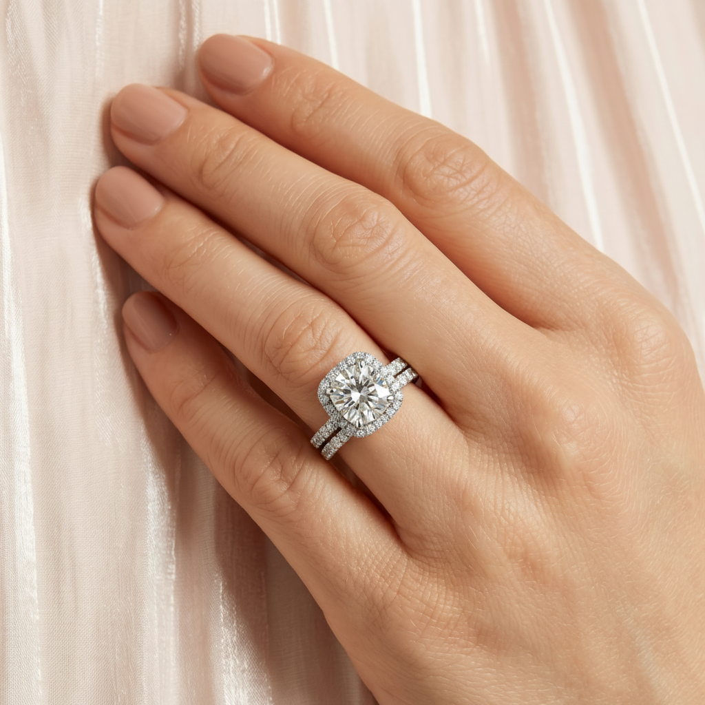 Cushion Moissanite & Diamond Halo Bridal Set French Pave Platinum 1.72ct