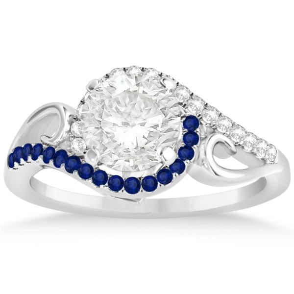 Swirl Bypass Diamond & Blue Sapphire Bridal Set 14k White Gold 0.36ct